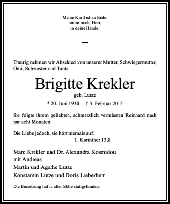 Traueranzeige von Brigitte Krekler von Rheinische Post