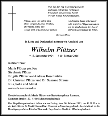 Traueranzeige von Wilhelm Plützer von Rheinische Post