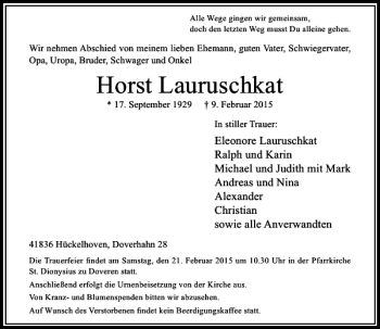 Traueranzeige von Horst Lauruschkat von Rheinische Post
