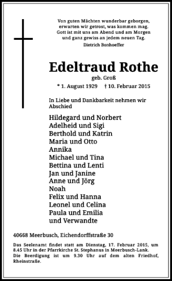 Traueranzeige von Edeltraut Rothe von Rheinische Post