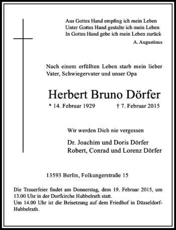 Traueranzeige von Herbert Bruno Dörfer von Rheinische Post