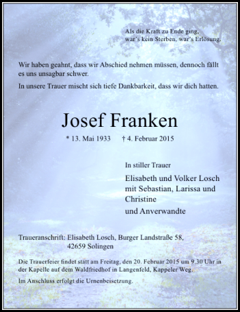 Traueranzeige von Josef Franken von Rheinische Post