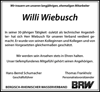 Traueranzeige von Willi Wiebusch von Rheinische Post