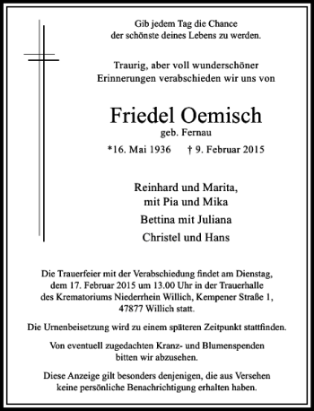 Traueranzeige von Friedel Oemisch von Rheinische Post