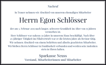 Traueranzeige von Egon Schlösser von Rheinische Post