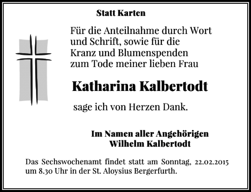  Traueranzeige für Kalbertodt Katharina vom 18.02.2015 aus Rheinische Post