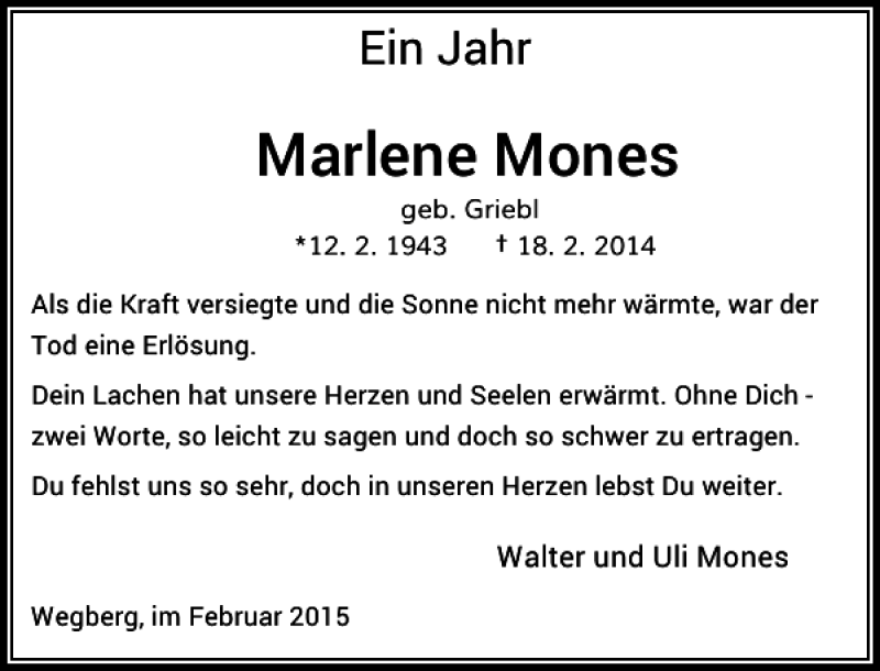  Traueranzeige für Mones Marlene vom 18.02.2015 aus Rheinische Post