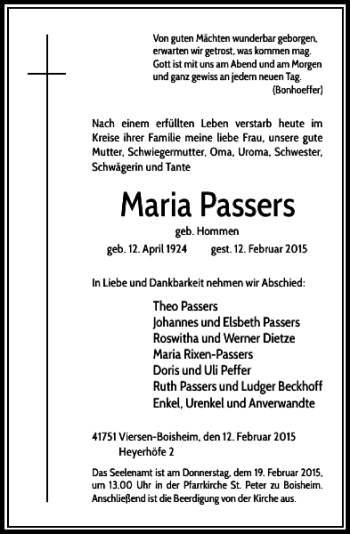 Traueranzeige von Maria Passers von Rheinische Post