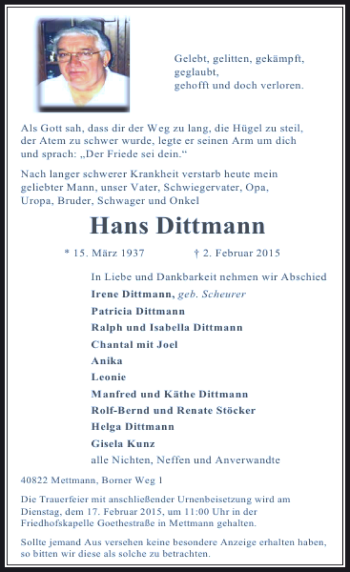 Traueranzeige von Hans Dittmann von Rheinische Post
