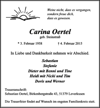 Traueranzeige von Carina Oertel geb. Steinstraß von Rheinische Post