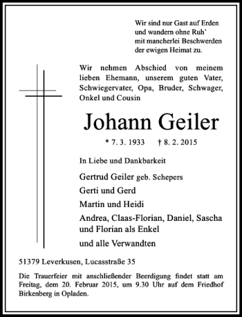 Traueranzeige von Johann Geiler von Rheinische Post