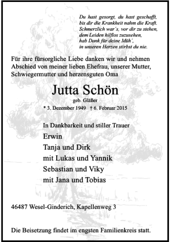 Traueranzeige von Jutta Schön von Rheinische Post