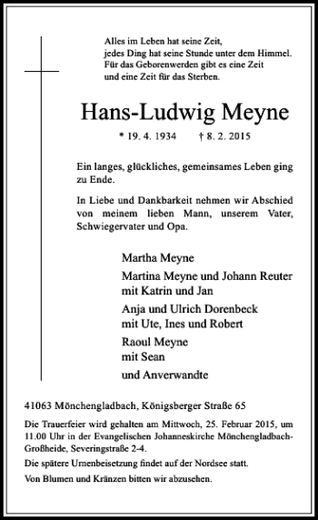 Traueranzeige von Hans-Ludwig Meyne von Rheinische Post