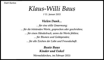 Traueranzeige von Klaus-Willi Baus von Rheinische Post