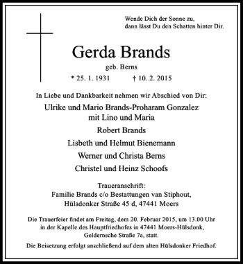 Traueranzeige von Gerda Brands von Rheinische Post