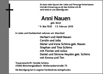 Traueranzeige von Anni Nauen von Rheinische Post