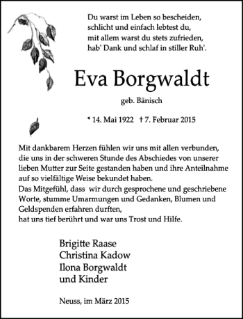 Traueranzeige von Eva Borgwaldt von Rheinische Post