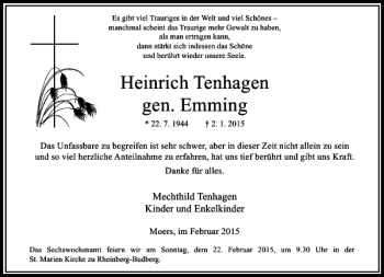 Traueranzeige von Heinrich Tenhagen gen. Emming von Rheinische Post