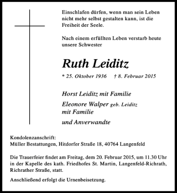 Traueranzeige von Ruth Leiditz von Rheinische Post