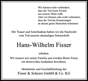 Traueranzeige von Hans-Wilhelm Fisser von Rheinische Post