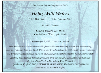 Traueranzeige von Heinz-Willi Wefers von Rheinische Post