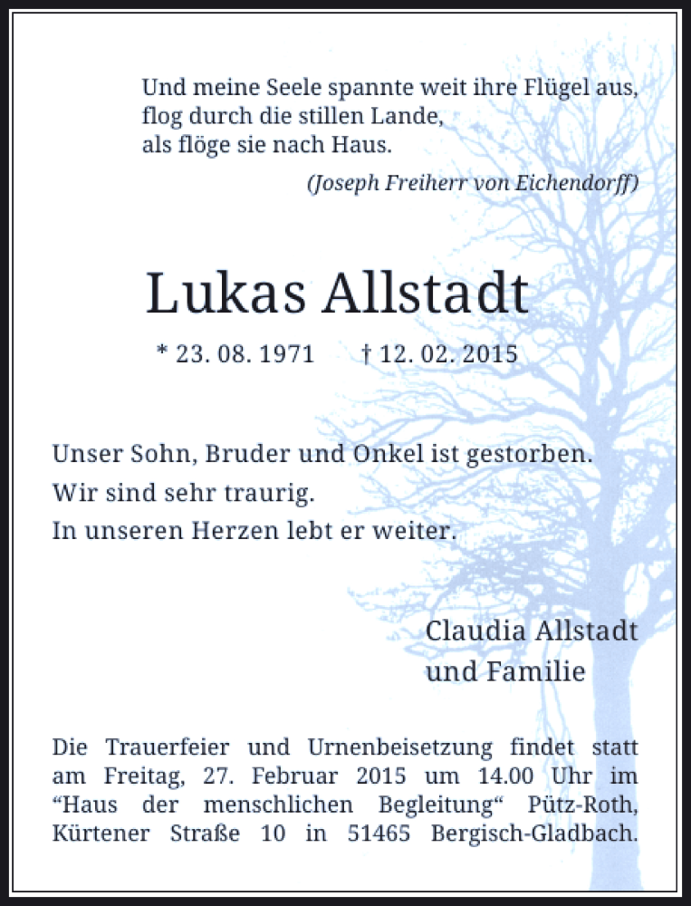  Traueranzeige für Allstadt Lukas vom 21.02.2015 aus Rheinische Post