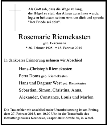 Traueranzeige von Rosemarie Riemekasten von Rheinische Post