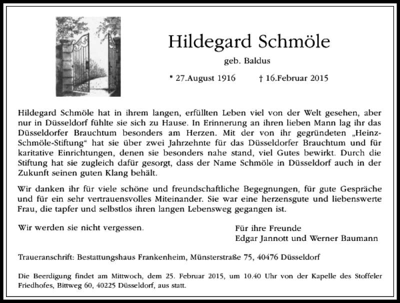  Traueranzeige für Schmöle Hildegard vom 21.02.2015 aus Rheinische Post