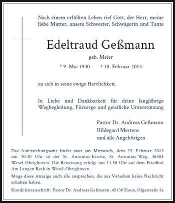 Traueranzeige von Geßmann Edeltraud von Rheinische Post