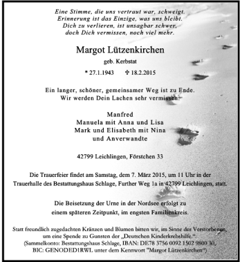 Traueranzeige von Lützenkirchen Margot von Rheinische Post