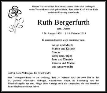 Traueranzeige von Bergerfurth Ruth von Rheinische Post