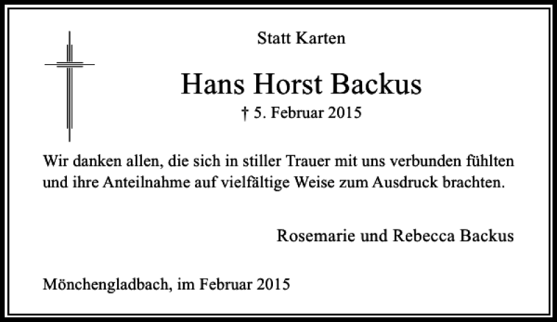  Traueranzeige für Horst Backus Hans vom 21.02.2015 aus Rheinische Post