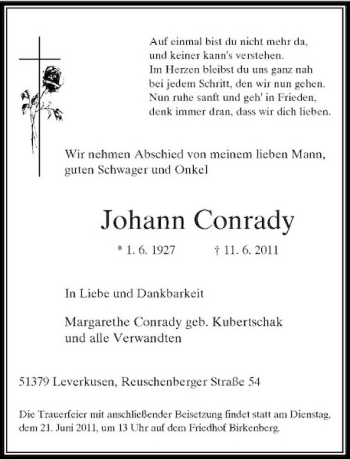 Traueranzeige von Johann Conrady von Rheinische Post