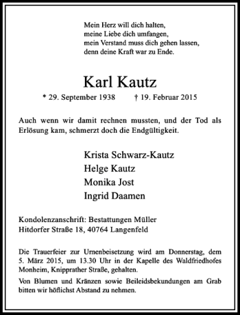 Traueranzeige von Kautz Karl von Rheinische Post