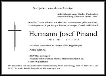 Traueranzeige von Josef Pinand Hermann von Rheinische Post