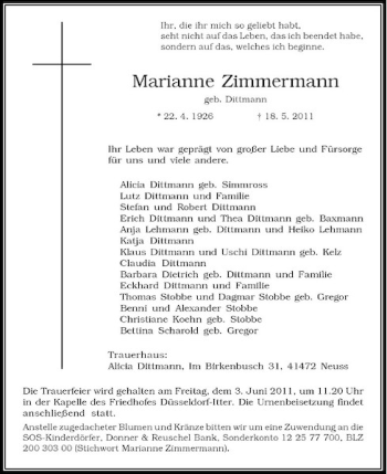 Traueranzeige von Marianne Zimmermann von Rheinische Post