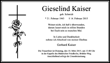Traueranzeige von Kaiser Gieselind von Rheinische Post