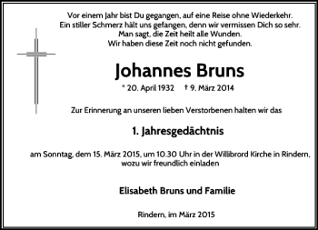 Traueranzeige von Bruns Johannes von Rheinische Post
