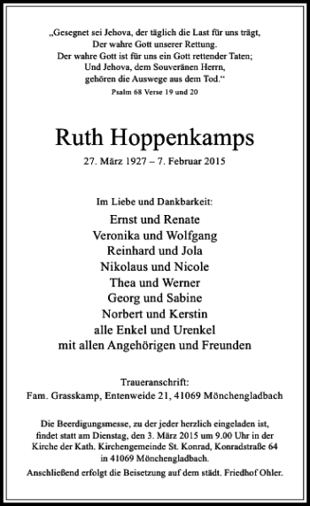 Traueranzeige von Hoppenkamps Ruth von Rheinische Post