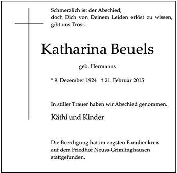 Traueranzeige von Beuels Katharina von Rheinische Post