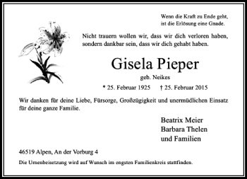Traueranzeige von Pieper Gisela von Rheinische Post