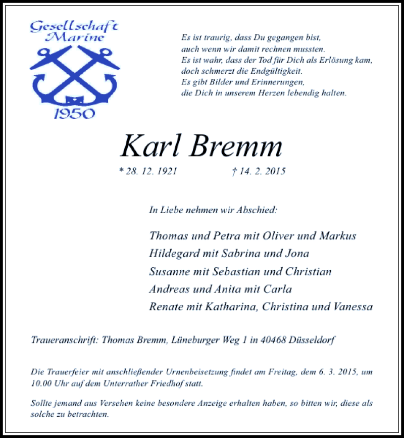  Traueranzeige für Karl Bremm vom 28.02.2015 aus Rheinische Post
