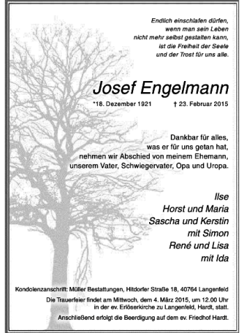 Traueranzeige von Engelmann Josef von Rheinische Post