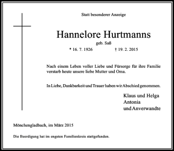 Traueranzeige von Hurtmanns Hannelore von Rheinische Post