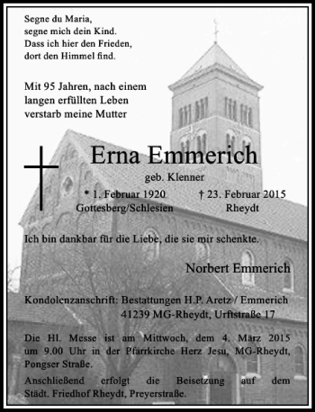 Traueranzeige von Emmerich Erna von Rheinische Post