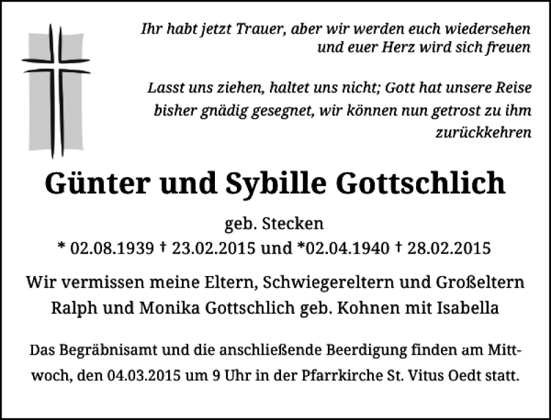  Traueranzeige für und Sybille Gottschlich Günter vom 02.03.2015 aus Rheinische Post