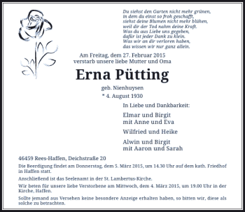Traueranzeige von Pütting Erna von Rheinische Post