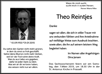 Traueranzeige von Reintjes Theo von Rheinische Post