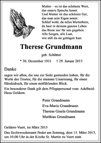 Traueranzeige von Grundmann Therese von Rheinische Post
