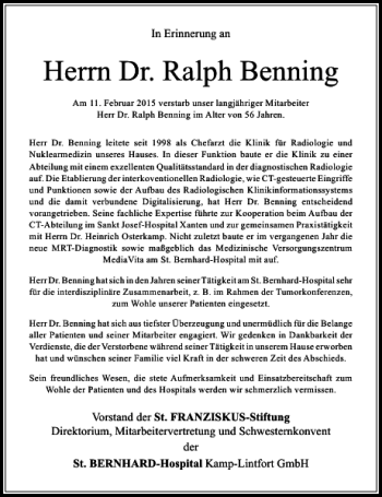 Traueranzeige von Ralph Benning Dr. von Rheinische Post